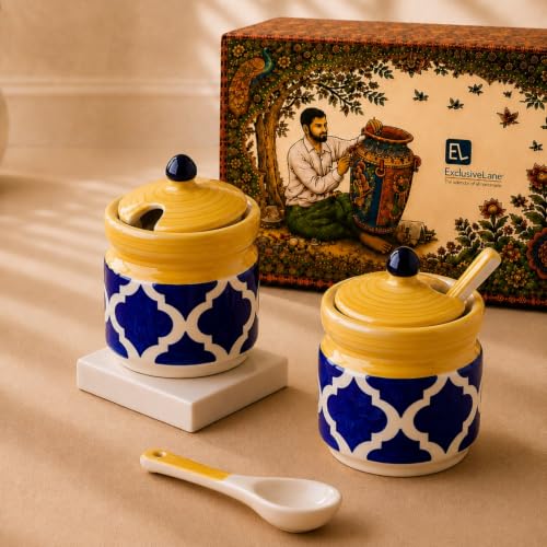 Image 1 of Default Title for the product ExclusiveLane Moroccan Ceramic Pickle Jars with Spoon & Lid Set of 2