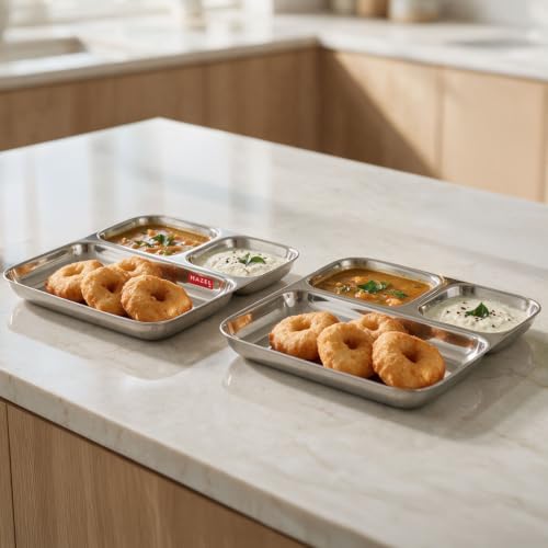 Image 4 of HAZEL Stainless Steel Pav Bhaji Plate 3 in 1 Section Plate Set of 2