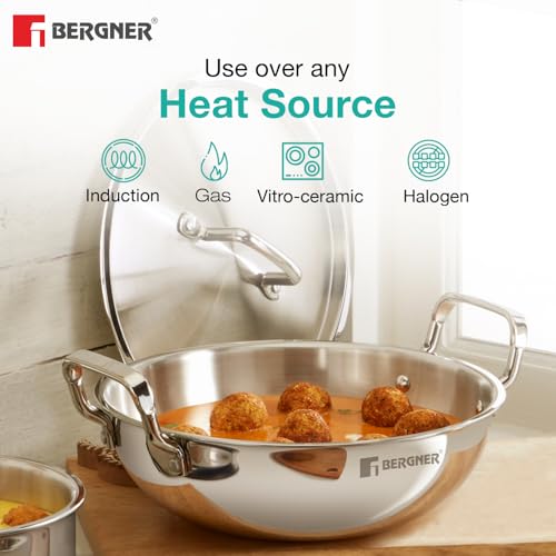 Image 7 of BERGNER TriPro 4 Pcs Tri-Ply Stainless Steel Induction Bottom Cookware Set - 22cm (2L) Kadai and 22cm (1L) Frypan with Common Stainless Steel Lid, 14cm (1L) Teapan