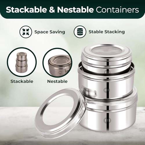 Image 5 of MARU Stainless Steel Dabba Set for Kitchen with Transparent Lids Set of 3 (500ml, 750ml, 950ml)