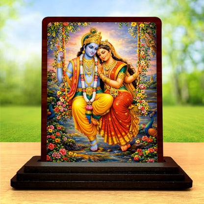 Image 2 of Radha Krishna Wooden Idol for Pooja Room 4x5 Inch HD Printed Elegant Bhakti Decor