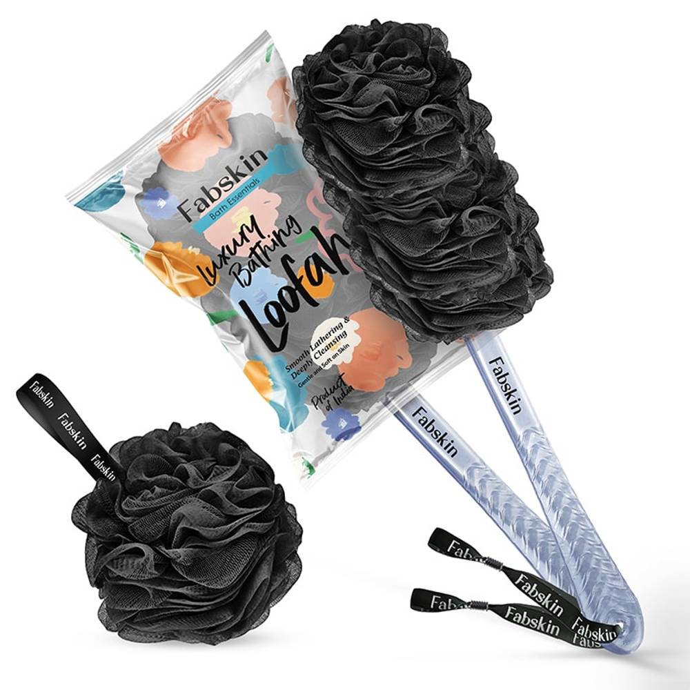 Image 1 of Set Of 2 / Pack of 1 for the product Fabskin Loofah Duo Pack- Bath Brush With Long Handle & Round Loofah- For Men & Women- Black