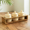 Image 1 of Default Title for the product ExclusiveLane Art Of Warli Ceramic Pickle Jars With Wooden Holder Set of 3, 280 ml