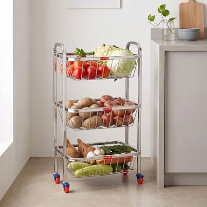 Image 5 of Rectangle 3pc for the product HAZEL Stainless Steel Fruit Vegetable Basket Kitchen Storage Trolley Rack