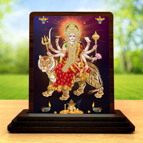 Image 2 of HD Printed Durga MATA Wooden Idol 4x5 Inch Sacred Portrait Spiritual Showpiece