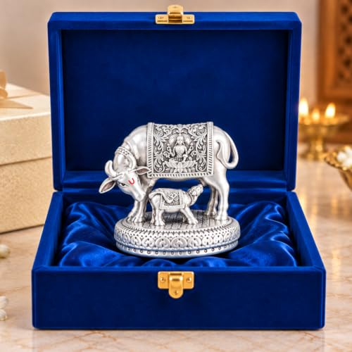 Image 1 of Default Title for the product Gold Art India Ganesha Idol for Car Dashboard & Kamdhenu Idol for Vastu Decor (Silver-Matte, Oval)