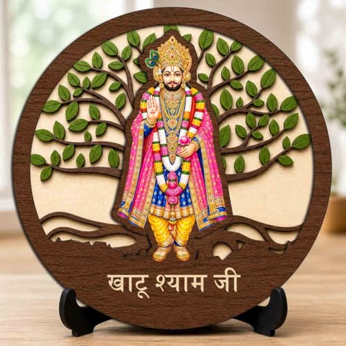 Image 1 of Default Title for the product Khatu Shyam Ji Table Top Wooden Idol/Murti for Mandir Decoration, Office Desk & Festive Gift - 5x5 Inch