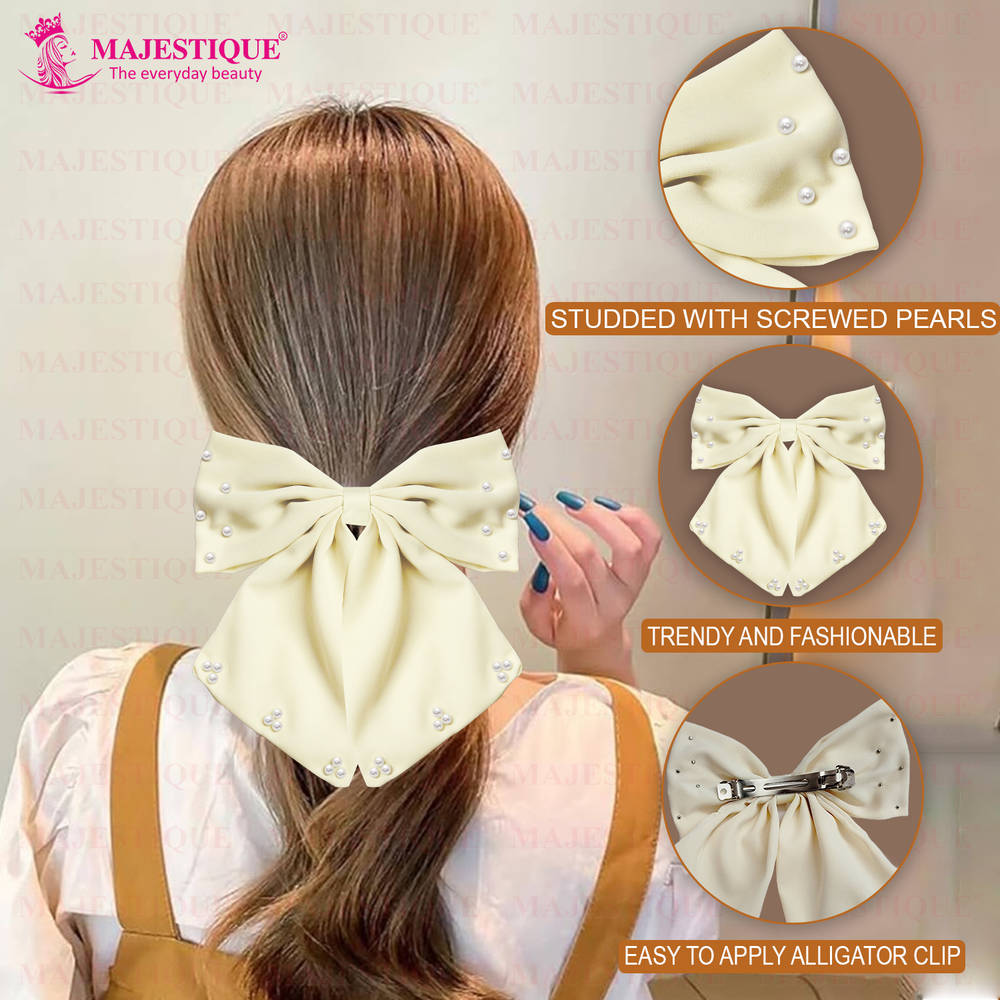 Image 3 of Majestique Hair Bow Pearl Embellished Layered - Off-White