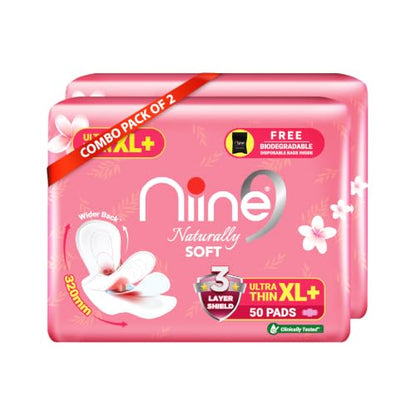Image 2 of 100 Count (Pack of 2) for the product Niine Naturally Soft Ultra Thin XL+ Sanitary Napkins |320mm Long|Cottony Soft Control Rashes|Long Lasting protection |Suitable for Heavy Flow with Free Biodegradable Disposal Bags (Pack of 1) 50 Pads
