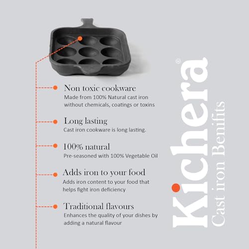 Image 6 of Kichera Cast Iron 9 Cavity Paniyaram Pan Long Handle 7 Inch, 2.4kg