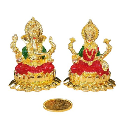 Image 3 of Gold Art India Kamal Laxmi Ganesha Gold Plated Idol with Enamel Color and Gold Plated Coin (4" Inch)