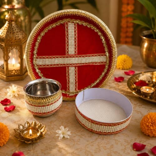 Image 6 of Pure Source India Handmade White Bead Embellished Karwa Chauth Pooja Thali Set, Steel Channi (Sieve), Karwa Lota