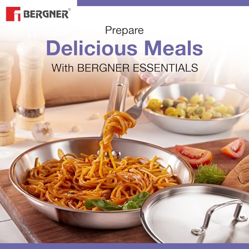 Image 7 of BERGNER TriPro Tri-Ply Stainless Steel 4 Pcs Cookware Set - 22cm Indian Wok/Kadai with Lid, 22cm Frypan, 10cm Tadka Pan