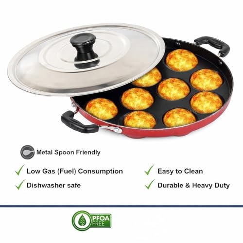 Image 5 of Generic Non-Stick Paniyaram Pan, Red, 12 Cavity, with Stainless Steel Lid and Tongs