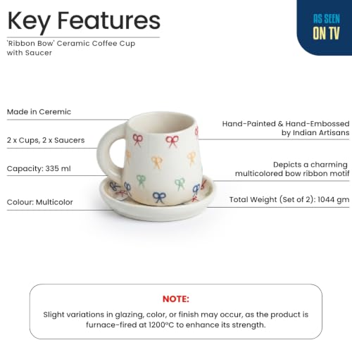 Image 4 of ExclusiveLane Ribbon Bow Hand Embossed Ceramic Tea Cup with Saucer Set of 2 335 ml Microwave Safe