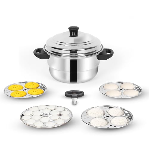 Image 1 of Default Title for the product The Indus Valley Stainless Steel Idli Maker | Includes 3 Idli Plates  1 Mini Idli Plate | Makes 30 Idli | Perfect for Idli, Momos & Idiyappam | Induction and Gas Compatible