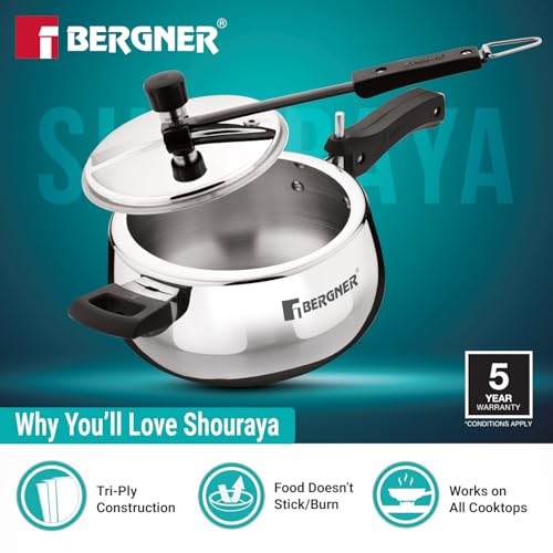Image 6 of BERGNER Bergner Shouraya Triply Stainless Steel Pressure Cooker 3.5 Litres