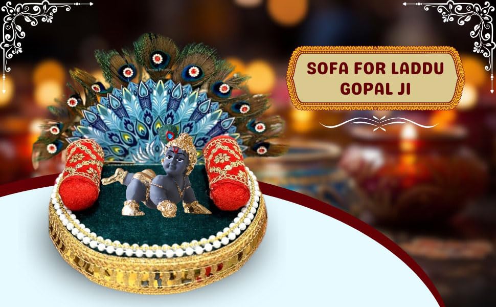 Image 6 of Unique Palette Wood Sofa for Laddu Gopal Ji|Round Singhasan Kanha Ji with Extra 2 Pillows