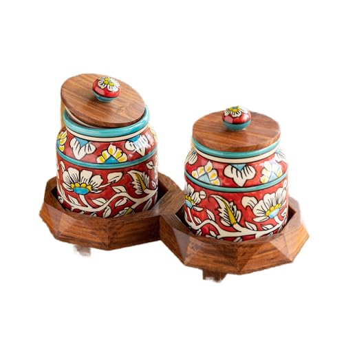 Image 1 of Default Title for the product ExclusiveLane Mughal Floral Ceramic Containers with Lid & Tray Set of 2 440 ML