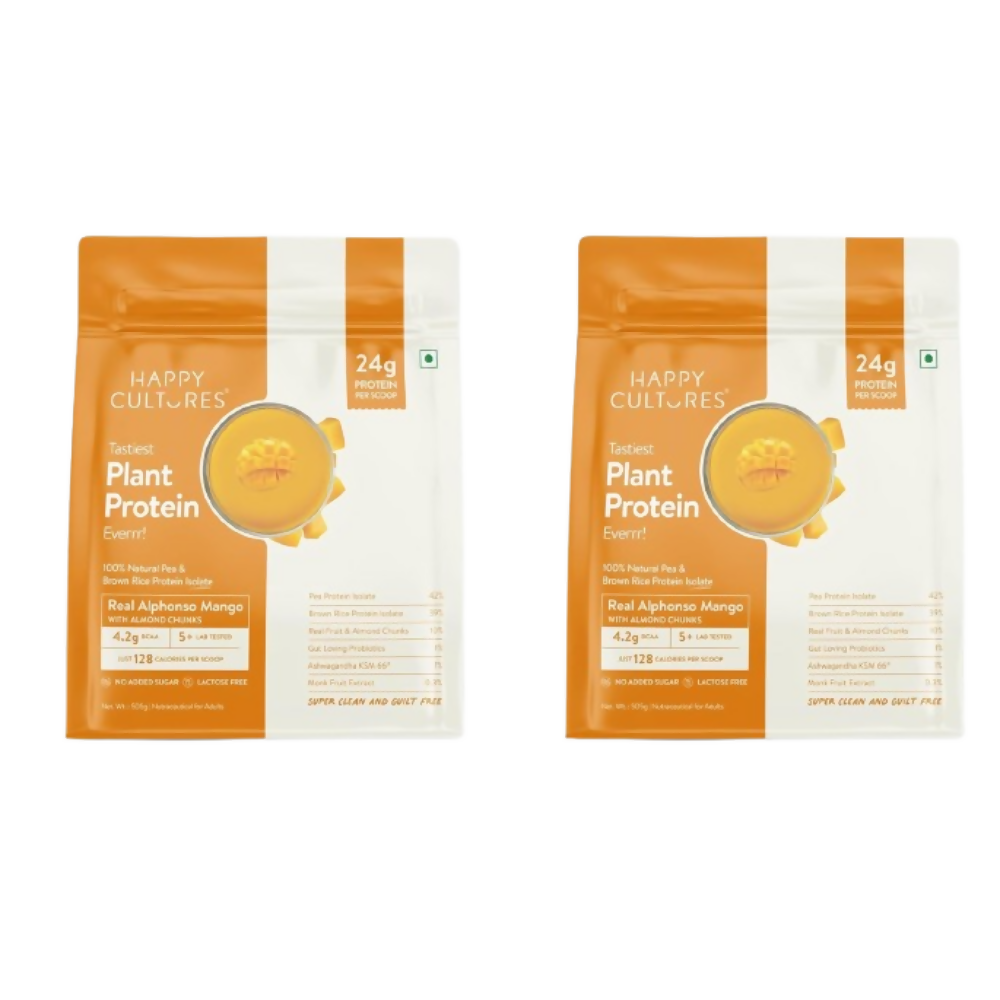 Image 1 of 505 gm / Pack of 2 for the product Happy Cultures 24g Tastiest Plant Protein| Real Alphonso Mango, Almond Chunks & Ashwagandha