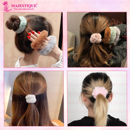 Image 5 of Majestique Fancy Spongy Fur Hair Rubber Band Elastic Ponytail Holder Hair Band - 10Pcs (Multicolor)