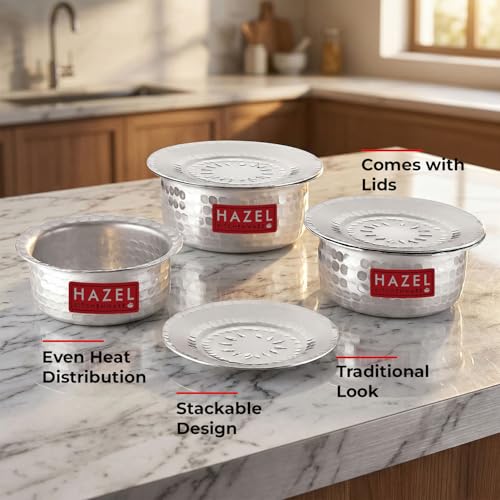 Image 4 of HAZEL Aluminium Hammered Tope Set with Lid Patila Set of 3 (1L, 1.4L & 1.8L)