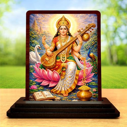 Image 2 of Maa Saraswati Small Wooden Idol 4x5 Inch Divine Grace HD Printed Home Decor