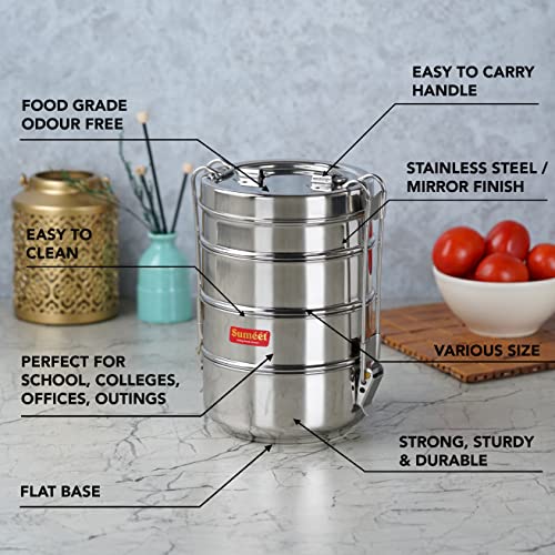 Image 3 of Sumeet Stainless Steel 4 Compartment Lunch Box/Tiffin with Lid and Handle, 11.5Cm Dia, (2000ML, Silver)