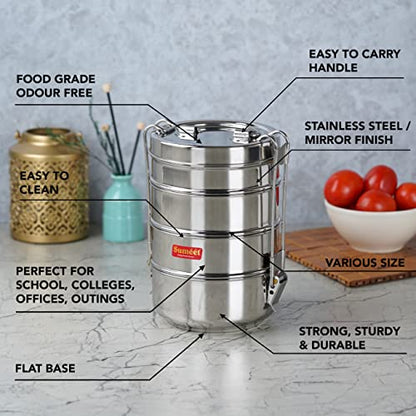 Image 3 of Sumeet Stainless Steel 4 Compartment Lunch Box/Tiffin with Lid and Handle, 11.5Cm Dia, (2000ML, Silver)