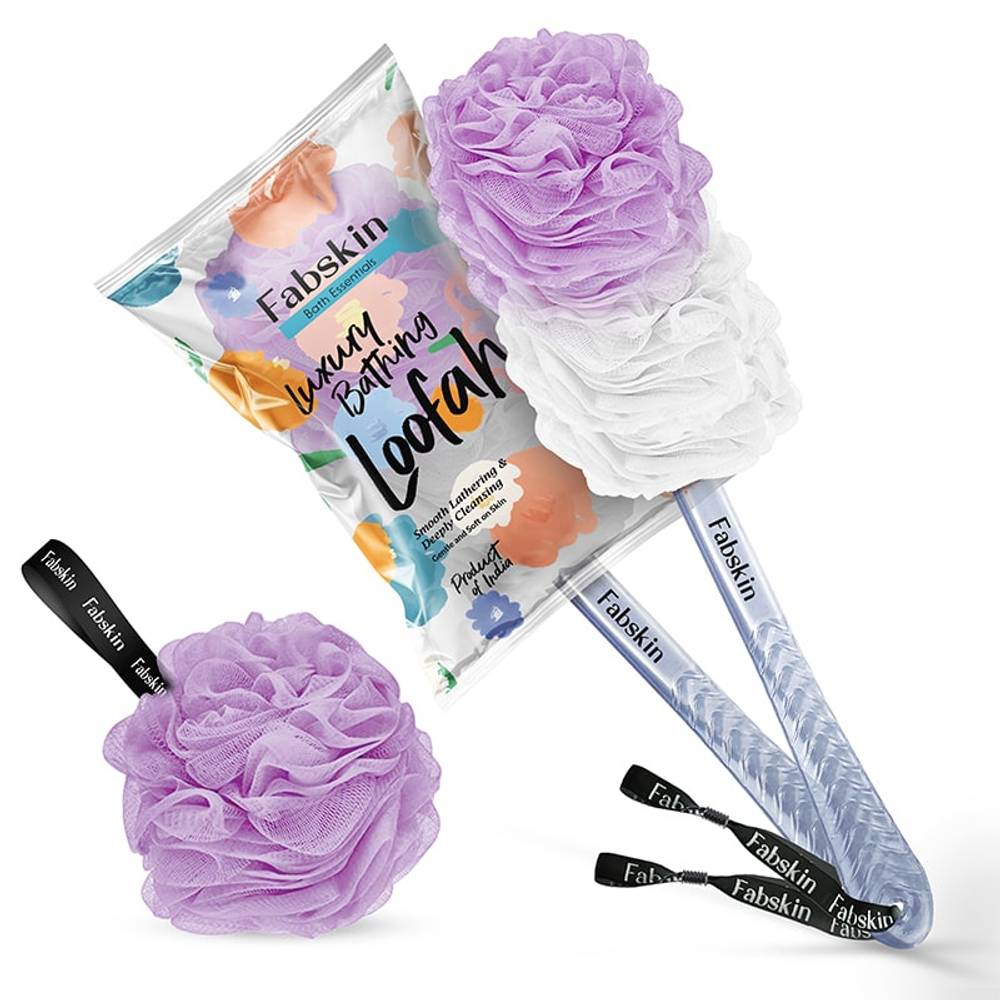 Image 1 of 1 Pc / Pack of 1 for the product Fabskin Loofah Duo Pack- Bath Brush With Long Handle & Round Loofah- For Men & Women- Purple & White
