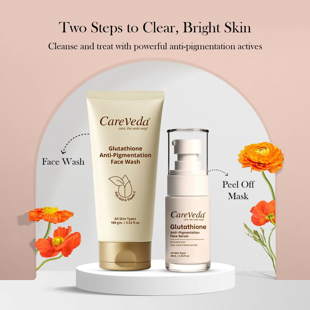 Image 3 of CareVeda Glutathione Skin Care Set of 2 | Face Wash & Face Serum for Bright, Even-Toned Skin | Anti-Pigmentation & Glow Boost | For Men & Women