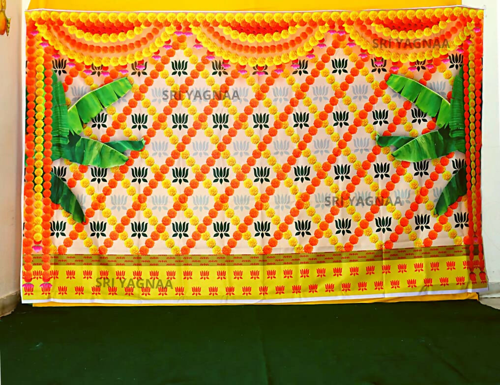 Image 1 of Default Title for the product Sri Yagnaa M 38 – Marigold & Lotus Banana Leaf Backdrop Cloth, 8 x 5 Ft