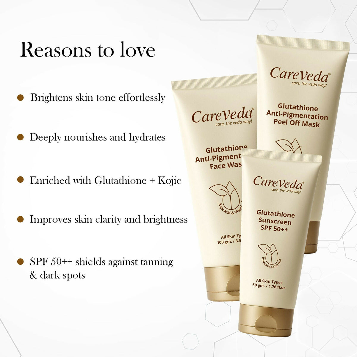 Image 4 of CareVeda Glutathione Skin Care Set of 3 | Face Wash & Peel off Mask, Sunscreen for Bright, Even-Toned Skin | Anti-Pigmentation & Glow Boost | For Men & Women