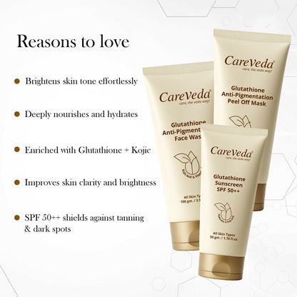Image 4 of CareVeda Glutathione Skin Care Set of 3 | Face Wash & Peel off Mask, Sunscreen for Bright, Even-Toned Skin | Anti-Pigmentation & Glow Boost | For Men & Women