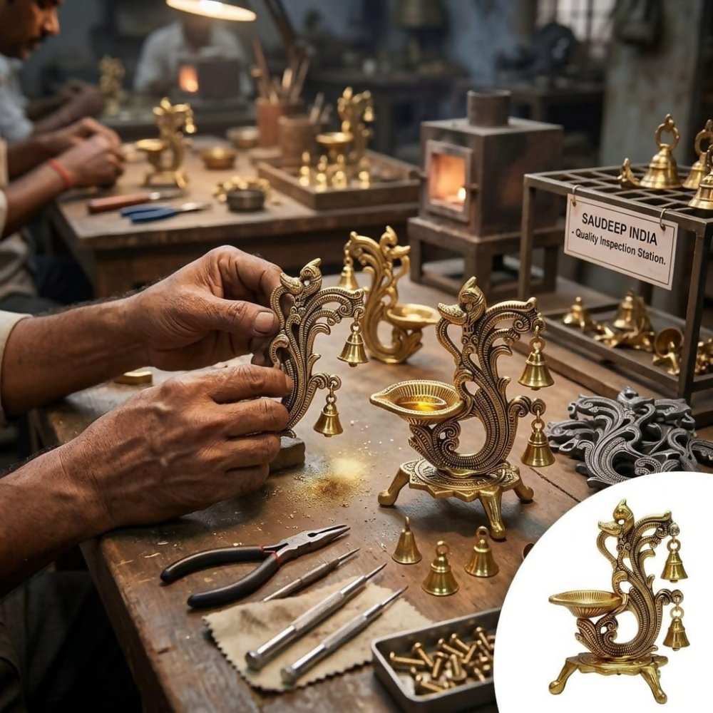 Image 7 of Saudeep India Oxidized Metal Diya for Puja