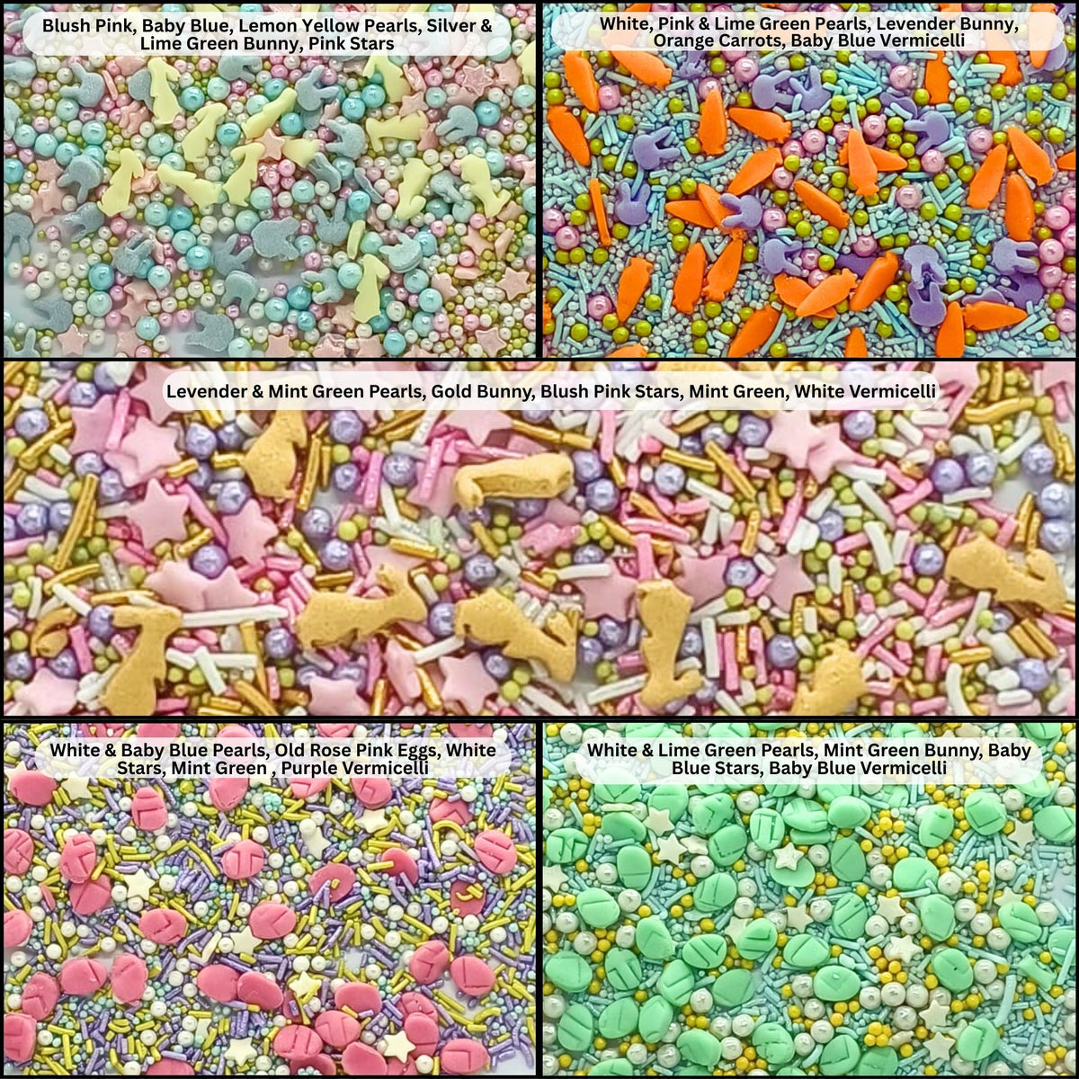 Image 2 of Confect Spring Sprinkles Edible |  Mix Green & Pink Eggs & Yellow & Gold Bunny pack of 5 (EAST 3) - 100Gms
