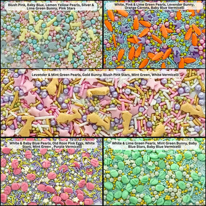Image 2 of Confect Spring Sprinkles Edible |  Mix Green & Pink Eggs & Yellow & Gold Bunny pack of 5 (EAST 3) - 100Gms
