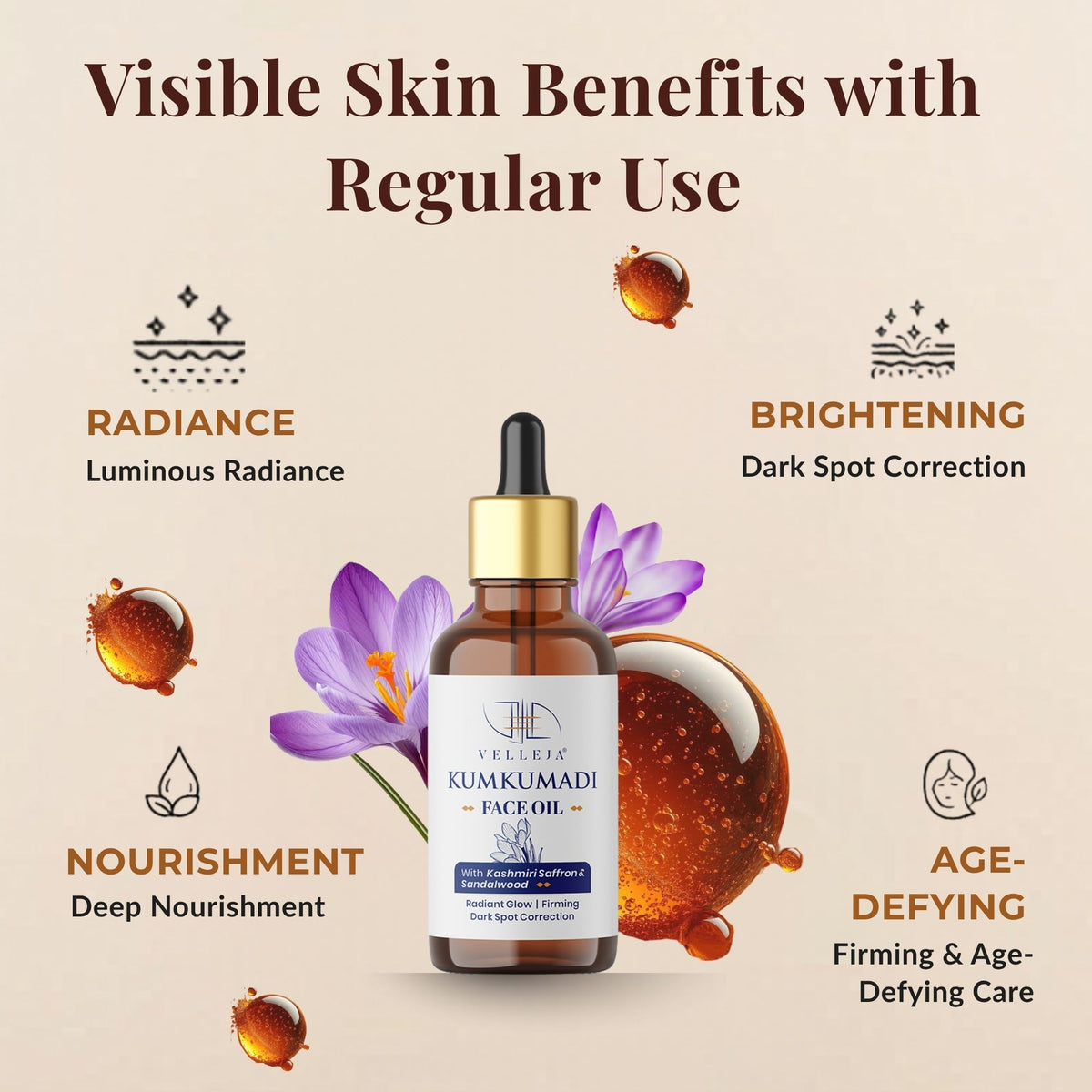 Image 2 of Velleja Kumkumadi Face Oil with Kashmiri Saffron & Sandalwood | Ayurvedic Anti Aging Face Serum for Brightening, Dark Spots & Pigmentation