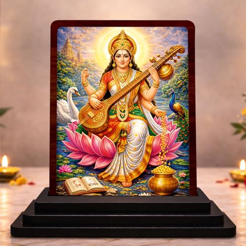Image 1 of Default Title for the product Maa Saraswati Small Wooden Idol 4x5 Inch Divine Grace HD Printed Home Decor