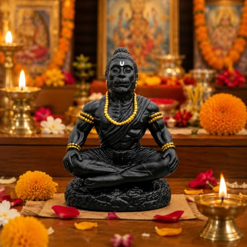 Image 3 of Hanuman Ji Car Dashboard Idol | Bahubali Hanuman ji Home Temple, Office Desk & Living Room Decor | Premium Black Meditation Pose Showpiece (Black)