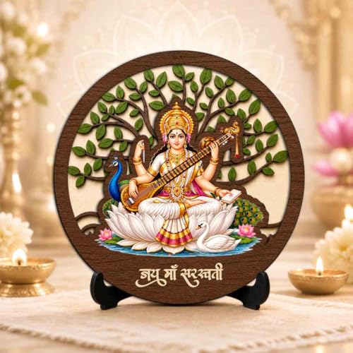 Image 2 of Saraswati Maa Round Wooden Devotional Idol with Stand for Puja Room, Home Decor & Religious Gift - 5x5 Inch