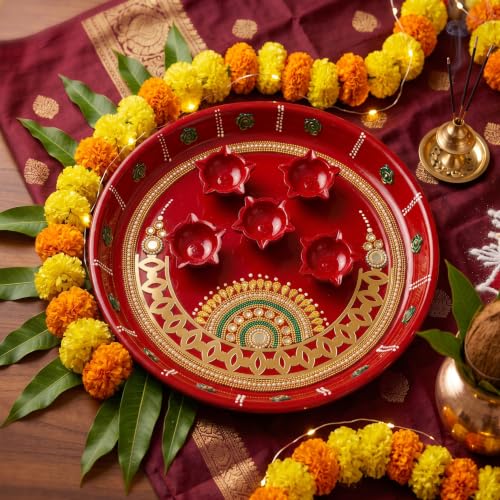 Image 8 of Red & Gold With 5 Diya Holders for the product JH Gallery Pooja Thali Set