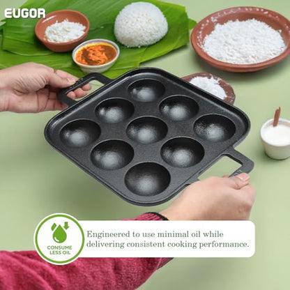 Image 8 of EUGOR Super Smooth Cast Iron Square Paniyaram Pan, 9 Cavity
