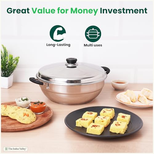 Image 6 of The Indus Valley Stainless Steel Idli Maker/Momo Maker/Multi Kadai/Steamer Set|Large, 5 Plates, 2 Idli|2 Dhokla|1 Steamer|29Cm/11.3 Inch, 4.2Ltr, 2.5Kg|3-Layer Thick Bottom|Induction Friendly