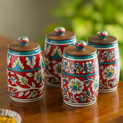Image 1 of Default Title for the product ExclusiveLane Mughal Drum Ceramic Jars for Kitchen Storage Set of 4, 570 ml Each