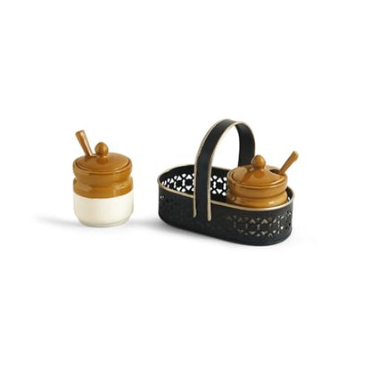 Image 3 of ExclusiveLane 'Barni Tales' Ceramic Pickle Jars for Dining Table With Spoon & Iron Holder (Set Of 2, Non-Airtight, 270 ml)| Pickle Jar With Spoon Achar Jar Set Achar Container Set for Dining Table|