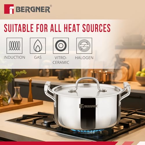 Image 7 of BERGNER Tripro 7 Pcs Triply Cookware Set - 24cm (3L) Kadai with Lid, 22cm (1.5L) Frypan, 16cm (2L) Tope with Lid, 20cm (3.4L) Casserole with Lid