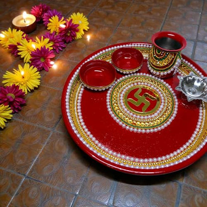 Image 3 of RIA Studio Traditional Swastik Pooja Thali Set Stainless Steel Prayer Plate with Kundan Decoration 5-Piece Hindu Worship Kit (Red, 10 Inch)