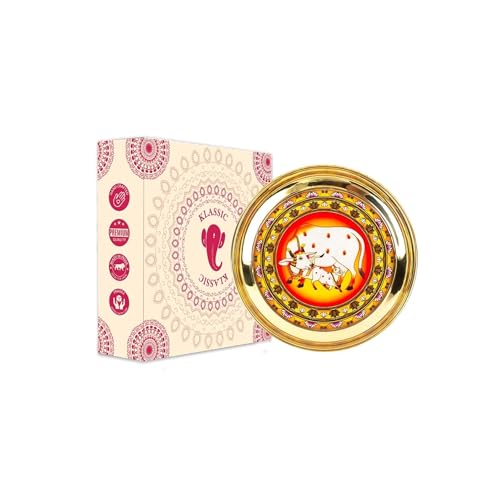 Image 3 of Klassic 6 Inch Handcrafted Brass Thali/Aarti Plate | Cow Design, Medium(Pack Of 1, Golden)