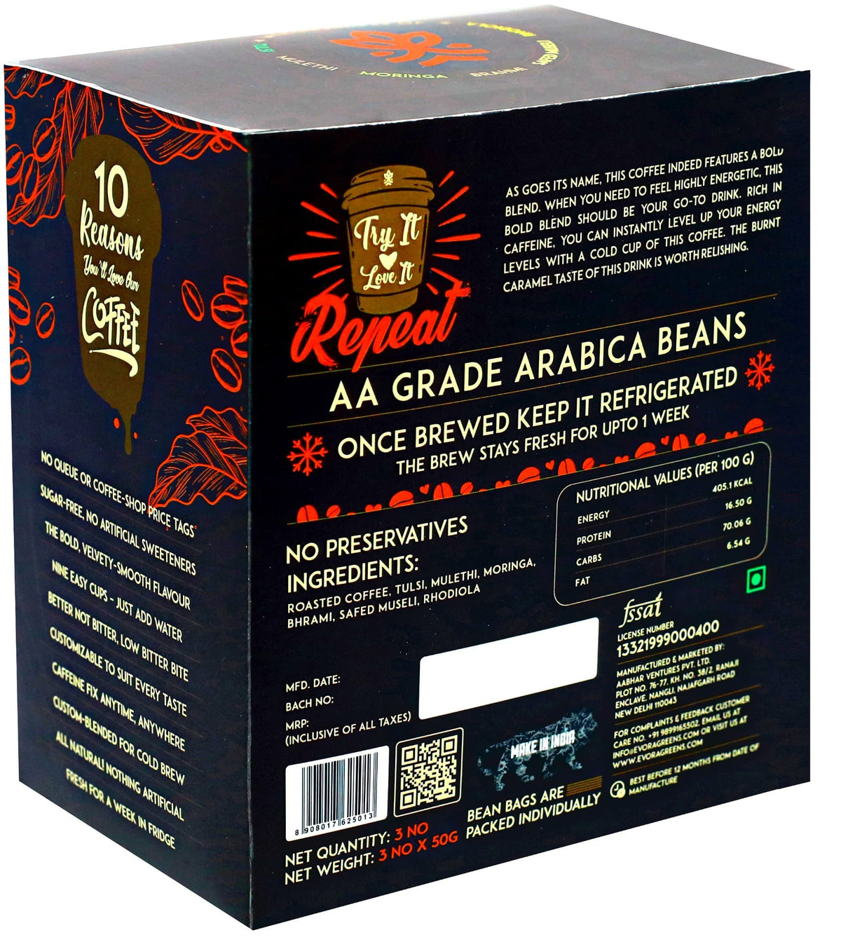 Image 3 of Evora Greens Cold Brew Coffee Bean Bag (50gm Each) Bold Blend